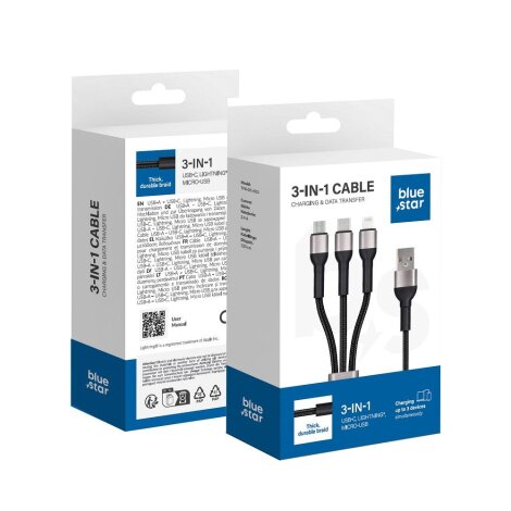 Blue Star 3u1 USB-C na Mico USB / Lightning USB / USB-C 1,2m Black