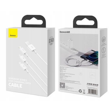 Baseus cabel 3u1 USB-A na USB-C, Micro USB, Lightning 1,5m White